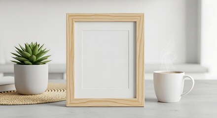 A wooden picture frame sits on a table next to a potted succulent and a cup of steaming liquid