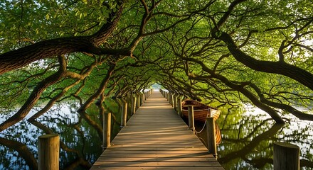 A wooden pier extends into calm water, framed by arching tree branches, leading to a small boat, reflecting in the water