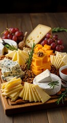 A wooden platter presents a selection of cheeses, grapes, nuts, honey, and rosemary sprigs, creating a rich visual of tasty snacks