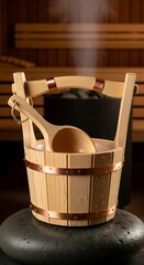 A wooden sauna bucket with a matching ladle sits on a dark stone, steam rising in a dimly lit, wood-paneled sauna