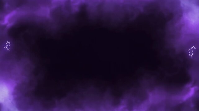 Dynamic animation featuring a mystical purple smoke and energy border framing a dark void, enhanced by electric lightning bolts and ethereal mist. Perfect for intros, overlays, or backgrounds.
