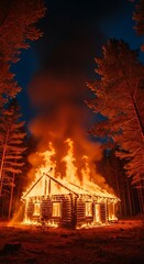 A wooden structure is consumed by roaring flames at night, surrounded by towering trees in a dark forest