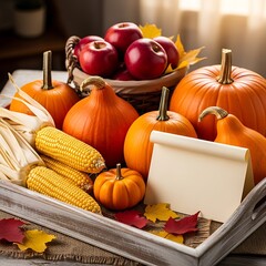 A wooden tray is filled with pumpkins, corn, and a basket of apples, showcasing autumnal harvest elements with leaves