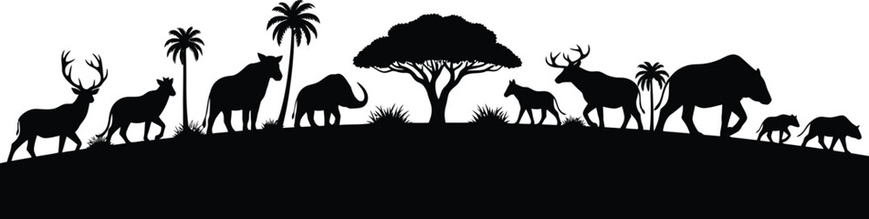 Wildlife silhouette scene with tropical trees and animals