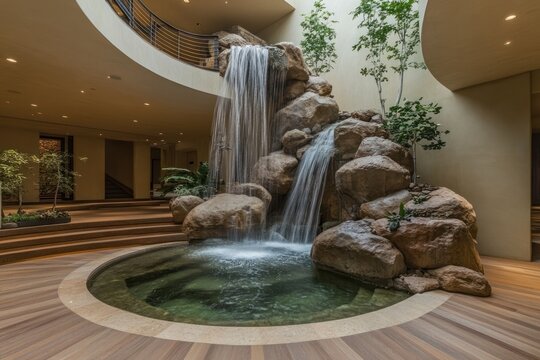 Indoor waterfall feature with tiered rock formation, cascading water into a circular pool, surrounded by plants and wood flooring