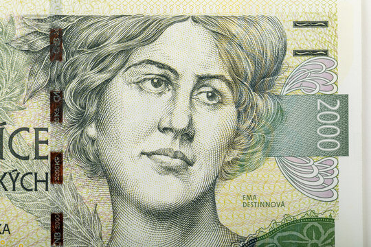 This close-up shot features a 2000 Czech Koruna bill with Ema Destinnova portrait, showcasing details of the currency design and historical and cultural significance of the banknote, Czech Republic.