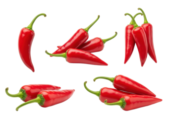 Several vibrant red hot chili peppers, fresh, plump, and highly glossy with bright green stems, artfully arranged against a transparent background with copy space, concept for culinary advertisement