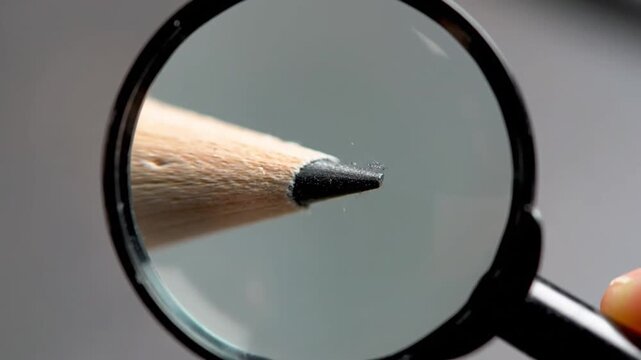 Magnifying glass revealing intricate details of a sharpened pencil tip
