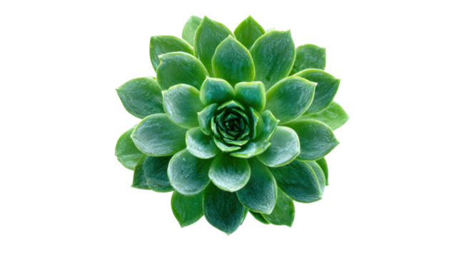 Green succulent plant forming a perfect rosette, top view, displaying symmetrical natural pattern with transparent background - Powered by Adobe