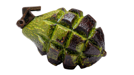 Avocado grenade hybrid exploring concepts of healthy danger, food weapon, and a surprising military fruit combination