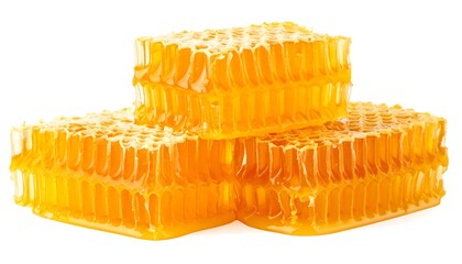 Three stacked blocks of natural honeycomb dripping with golden honey isolated on white.