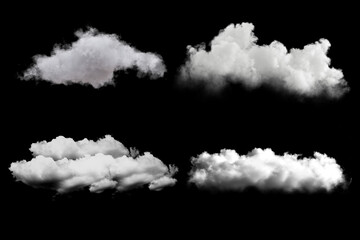 White clouds collection isolated on black background, cloud set on black. fluffy white cloudscape texture. Black sky nature background, cloudy