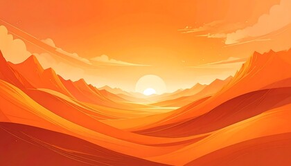 Vibrant orange desert sunset with stylized mountains and a bright sun