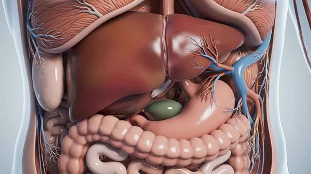 Detailed 3D Render of Human Abdominal Internal Organs including Liver, Stomach, Intestines, and Gallbladder