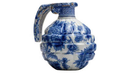 Porcelain hand grenade with blue and white floral pattern, representing danger and fragility on a transparent background