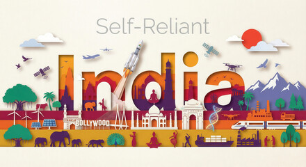 Naklejka premium Vibrant India landscape with self reliant theme and iconic landmarks