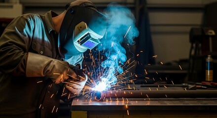 A worker in protective gear welds metal, producing bright sparks and blue light in a dimly lit workshop