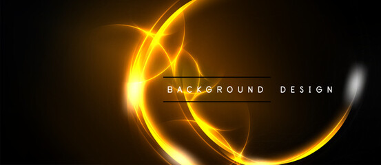 Bright orange energy swirls over black backdrop. Text reads background design. Dynamic light creates abstract visual effect.