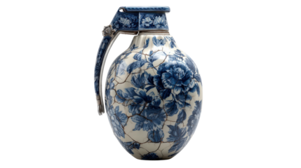 Porcelain grenade art combining delicate flowers with military danger, representing peace and conflict juxtaposition