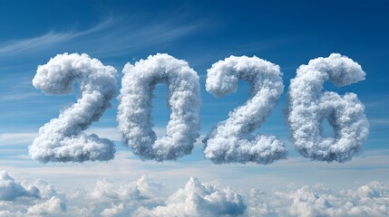 2026 written in fluffy white clouds on a bright blue sky, dreamy cloud numbers floating above the horizon, conceptual new year illustration

