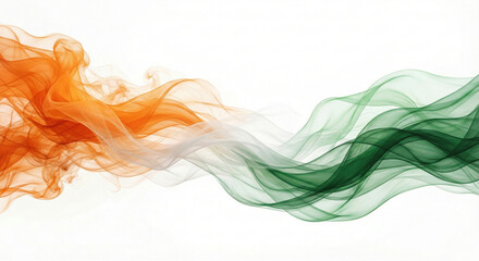 Vibrant orange, white and green smoke waves on white background