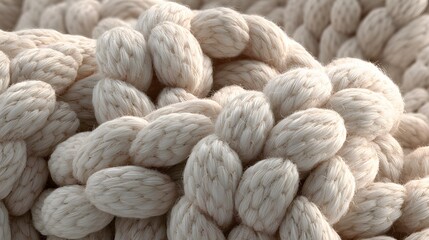 Chunky knitted texture in Cloud Dancer color, soft cozy braided yarn macro background
