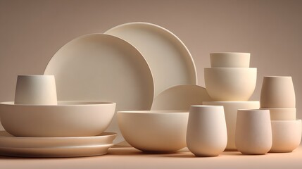 Minimalist beige ceramic tableware set, modern dinnerware collection on neutral background, simple Scandinavian style dishes