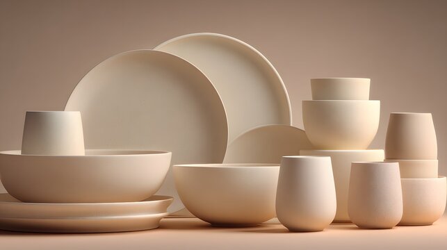 Minimalist beige ceramic tableware set, modern dinnerware collection on neutral background, simple Scandinavian style dishes