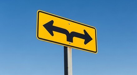 A yellow road sign against a bright blue sky depicts an intersection with two directional arrows, one left and one right, indicating diverging paths