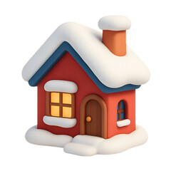 Charming cartoon winter house illustration with snowy roof and details on transparent background