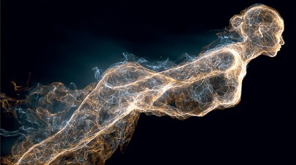 abstract human form made of smoke and light trails moving gracefully through space, 