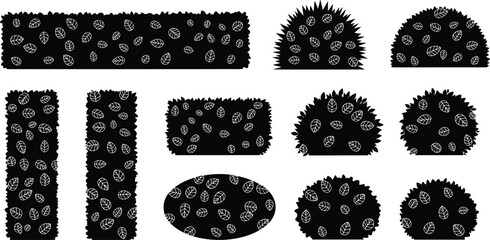 Obraz premium Set of garden bush and hedge silhouettes with leaf patterns isolated vector shapes for landscape design, mapping, and nature projects