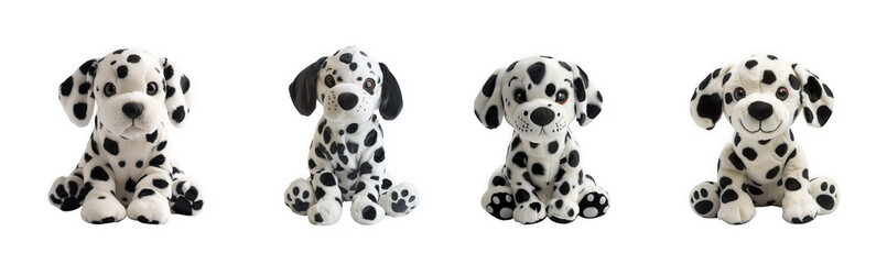 Four adorable dalmatian plush toys displayed in a row showcasing various poses on transparent background