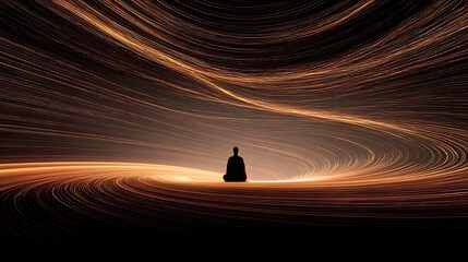 a swirl of glowing lines circling around a calm figure, meditation in motion concept, 