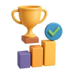 A vibrant golden trophy stands atop rising bars with a checkmark on transparent background