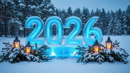 Glowing 2026 ice numbers in snowy winter forest landscape.