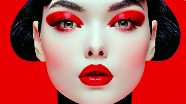 Fashion portrait of beautiful high-born model with bright makeup on face and sensual red lips