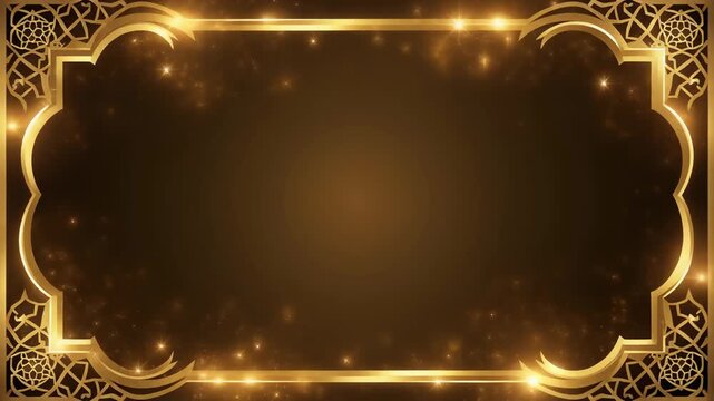 Elegant golden ornamental frame with a traditional Moroccan design, complemented by glittering light particles on a rich dark brown background. Suitable for Ramadan, Eid, and luxury themes.