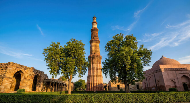 Qutub Minar tower surrounded by lush greenery in Delhi India