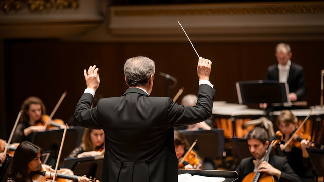 Professional Orchestra Conductor Leading Musicians During Classical Music Performance in Concert Hall