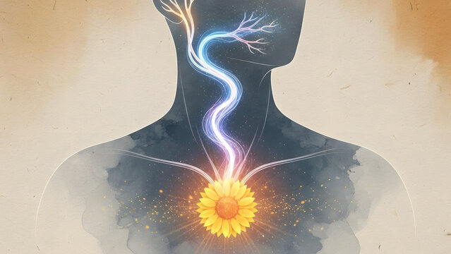 An artistic interpretation of vagus nerve activation, using light, color, and abstract forms within the silhouette of a human neck and shoulder.