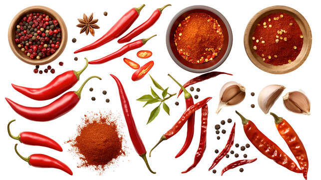 Vibrant collection of assorted red chili peppers fresh dried flakes and ground powder with peppercorns star anise and garlic cloves for culinary spice creation - Powered by Adobe