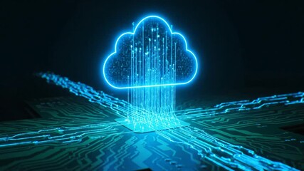 Neon cloud computing concept visualized on circuit board - Powered by Adobe