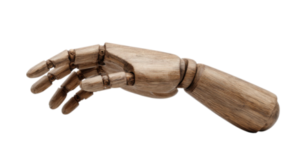 Wooden jointed art mannequin hand for drawing lessons and artistic studies, isolated with transparent background
