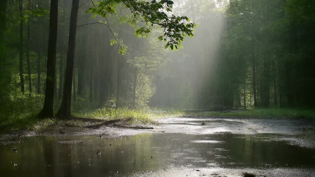 Serene forest in gentle rain with sunlight filtering through trees and puddles on muddy path, capturing nature&rsquo;s calm and refreshing beauty.
