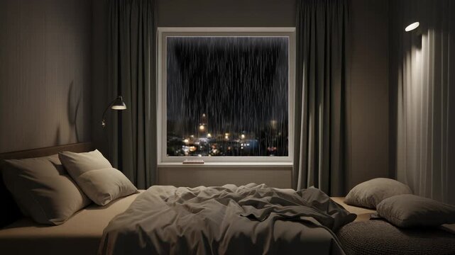 Experience the tranquil ambiance of a modern bedroom at night, with heavy rain outside a large window and distant city lights. Perfect for relaxation, sleep, or a peaceful evening atmosphere.