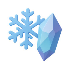 Stylized blue snowflake and crystal illustration with a cartoon aesthetic on transparent background