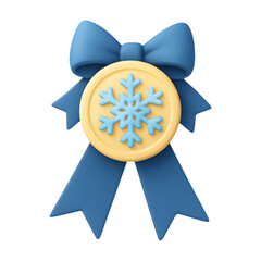 A shiny gold medal with a snowflake tied with a blue ribbon on transparent background