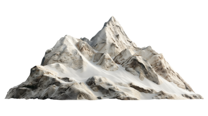 Detailed isolated render of a dramatic snow covered jagged mountain peak rendered realistically against a transparent background for easy compositing