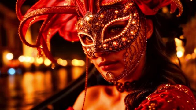 beautiful stranger at a Venetian carnival smiles mysteriously and tenderly